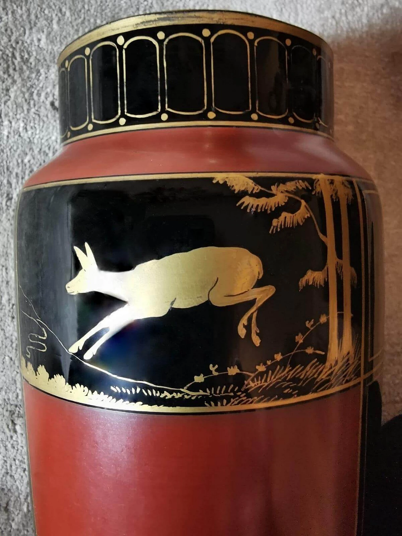 Pair of black opaline glass vases hand-painted in pure gold, 1930s 6