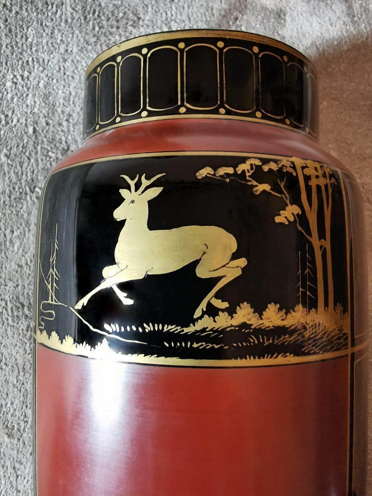 Pair of black opaline glass vases hand-painted in pure gold, 1930s 7