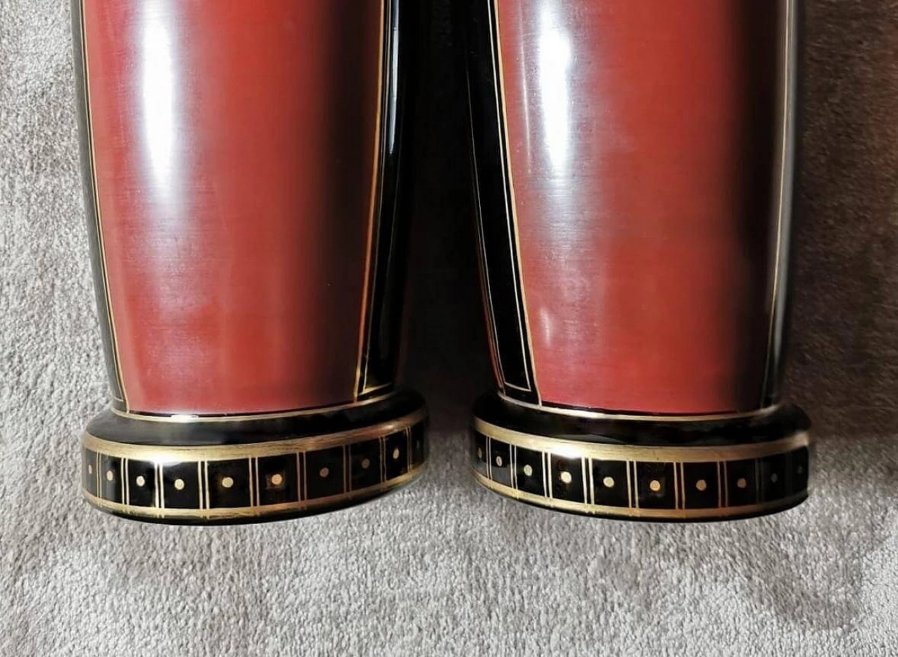 Pair of black opaline glass vases hand-painted in pure gold, 1930s 8