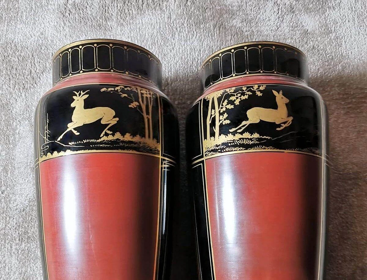 Pair of black opaline glass vases hand-painted in pure gold, 1930s 9
