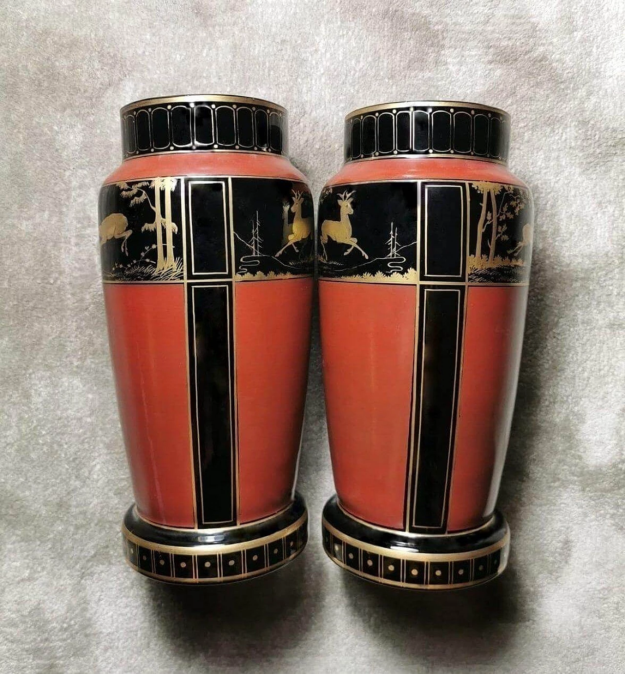 Pair of black opaline glass vases hand-painted in pure gold, 1930s 10