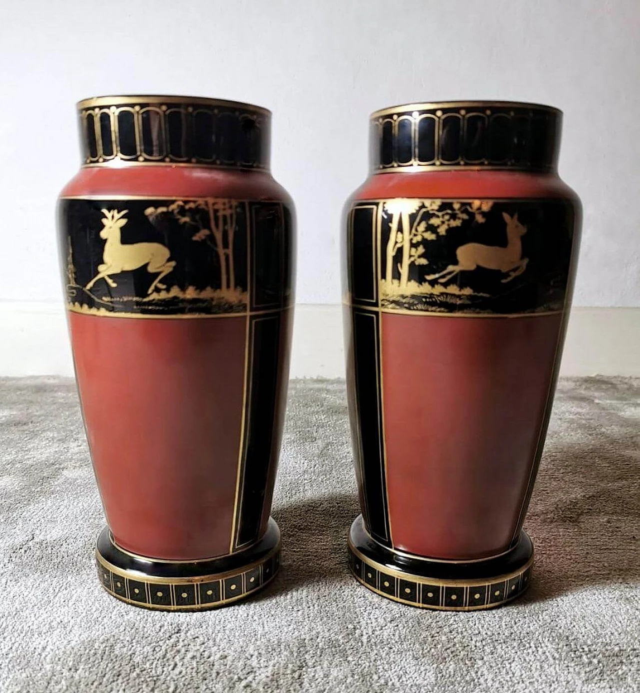 Pair of black opaline glass vases hand-painted in pure gold, 1930s 12