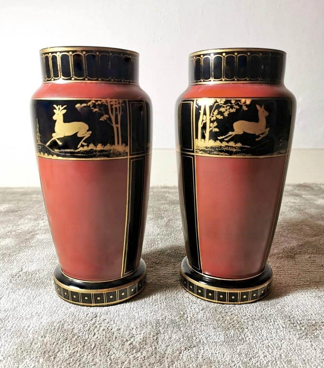 Pair of black opaline glass vases hand-painted in pure gold, 1930s 13