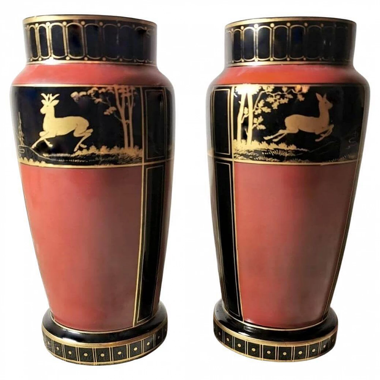 Pair of black opaline glass vases hand-painted in pure gold, 1930s 14