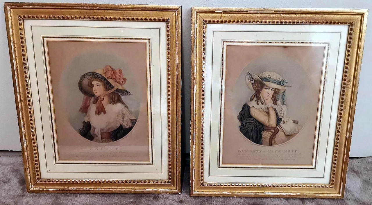 Pair of colour prints of gentlewomen with gilded frames, 18th century 13