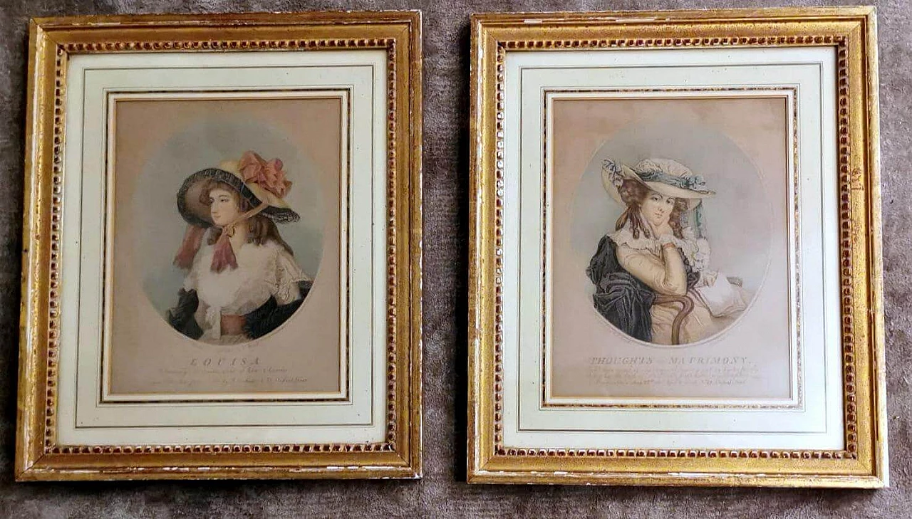Pair of colour prints of gentlewomen with gilded frames, 18th century 14