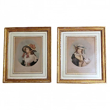 Pair of colour prints of gentlewomen with gilded frames, 18th century