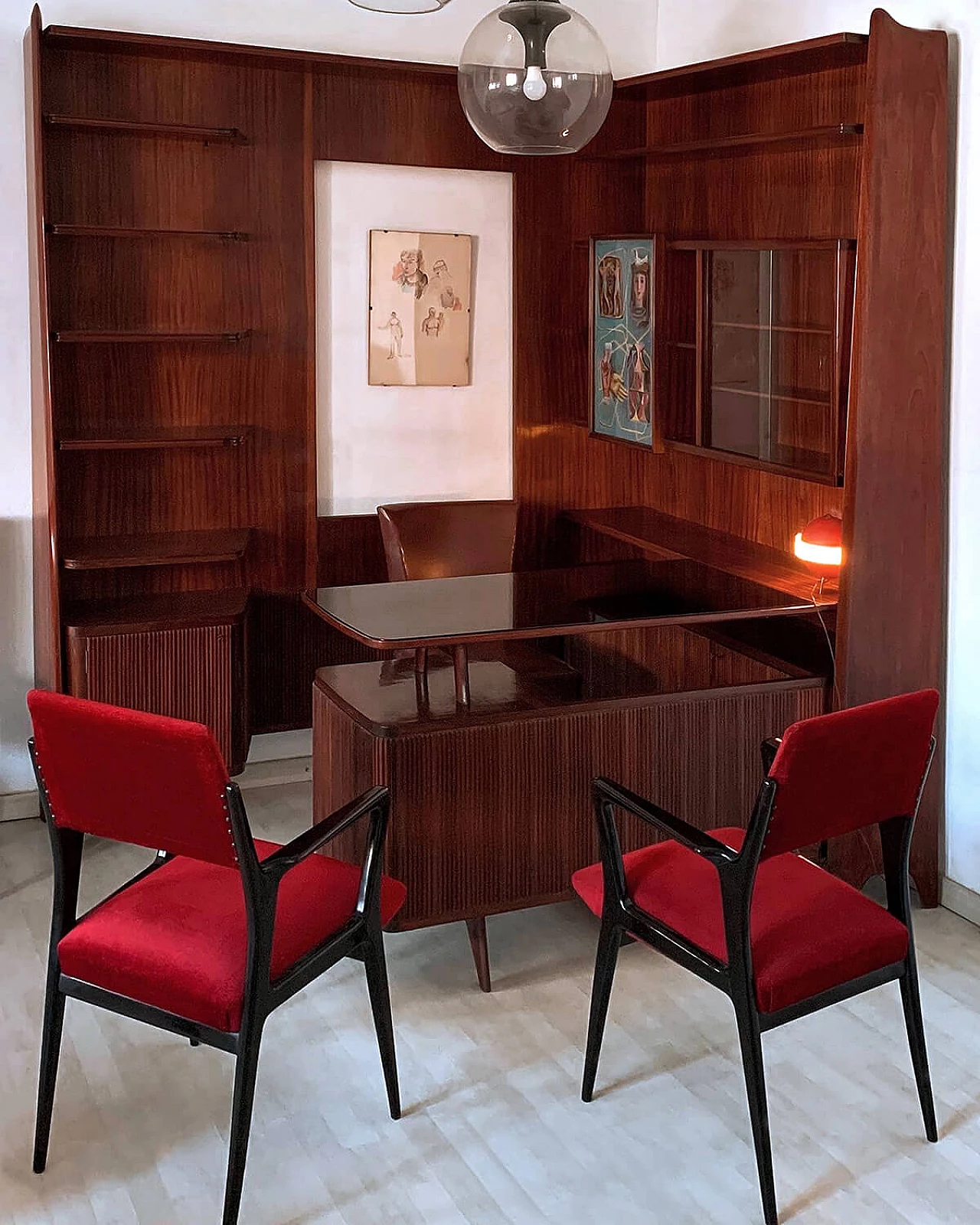 Freestanding corner bookcase with desk, 1950s 22