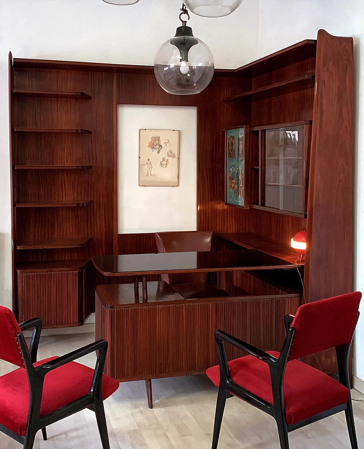 Freestanding corner bookcase with desk, 1950s 23