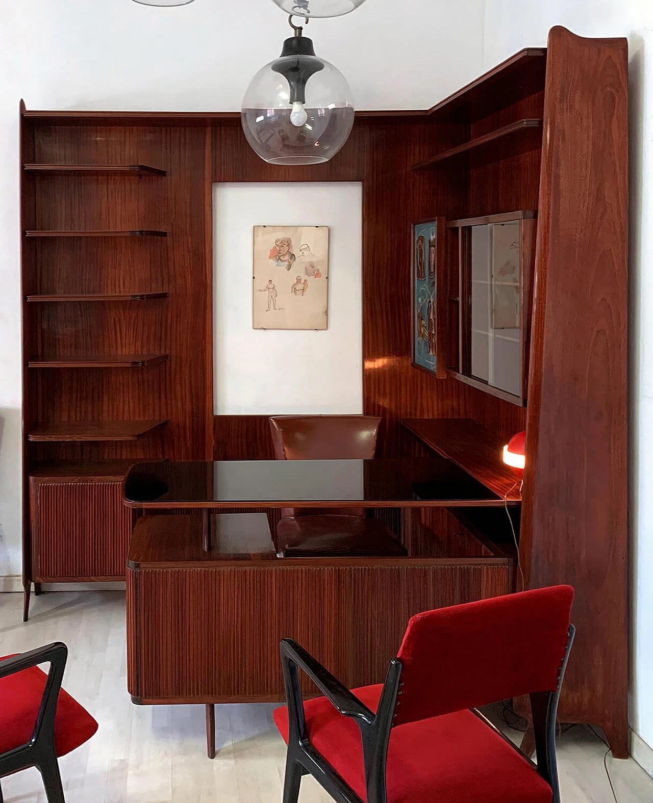 Freestanding corner bookcase with desk, 1950s 24