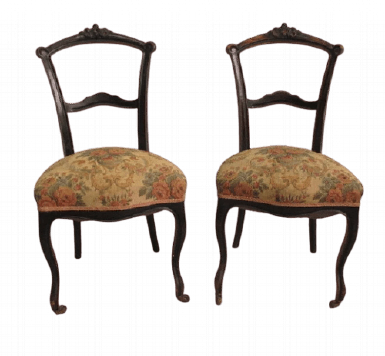 Pair of Umbertine chairs with casters in ebonised solid walnut and Gobelin fabric, 19th century 1