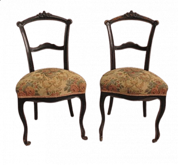 Pair of Umbertine chairs with casters in ebonised solid walnut and Gobelin fabric, 19th century