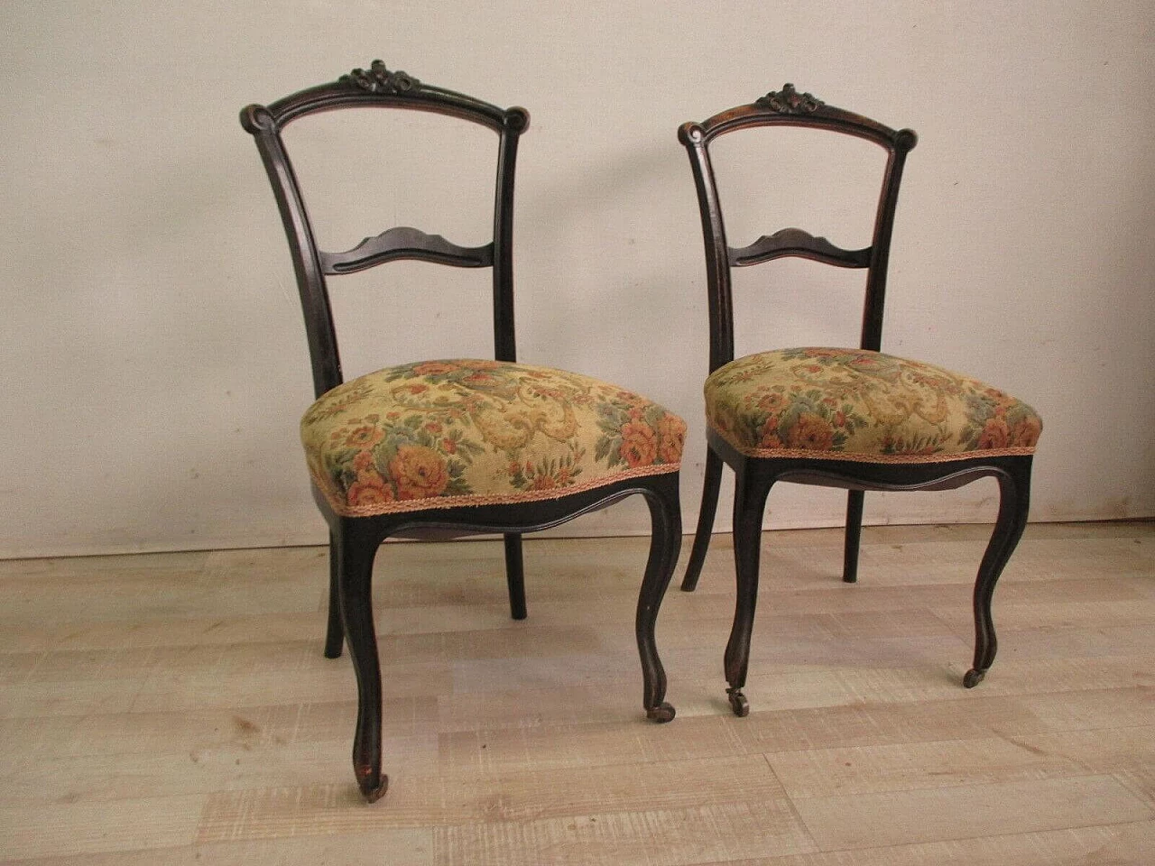 Pair of Umbertine chairs with casters in ebonised solid walnut and Gobelin fabric, 19th century 2