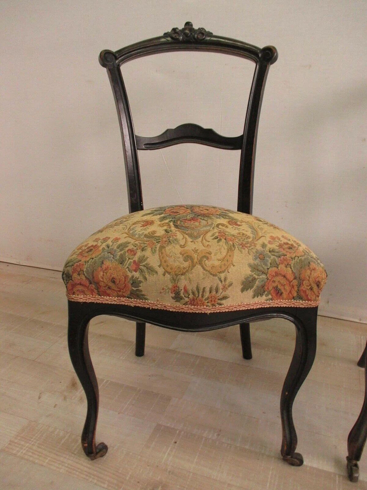Pair of Umbertine chairs with casters in ebonised solid walnut and Gobelin fabric, 19th century 4