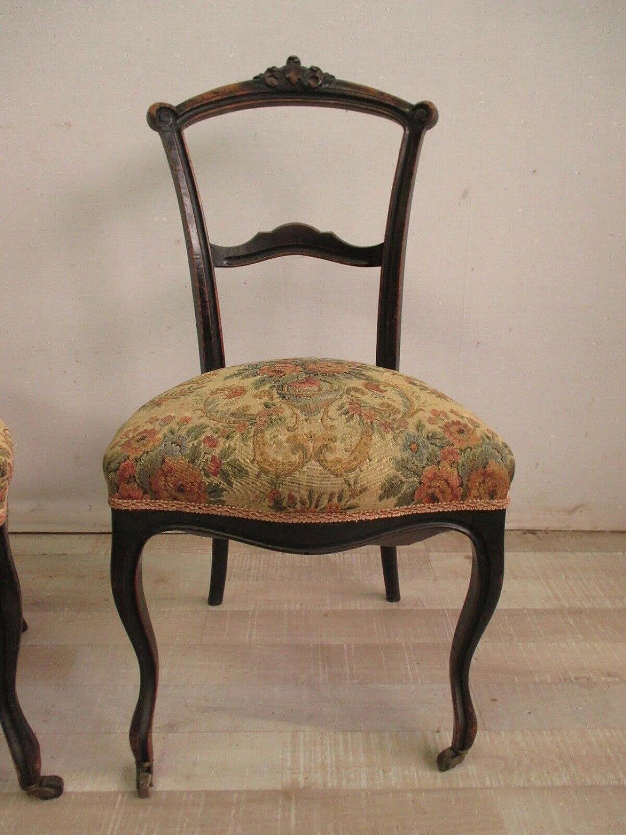 Pair of Umbertine chairs with casters in ebonised solid walnut and Gobelin fabric, 19th century 5