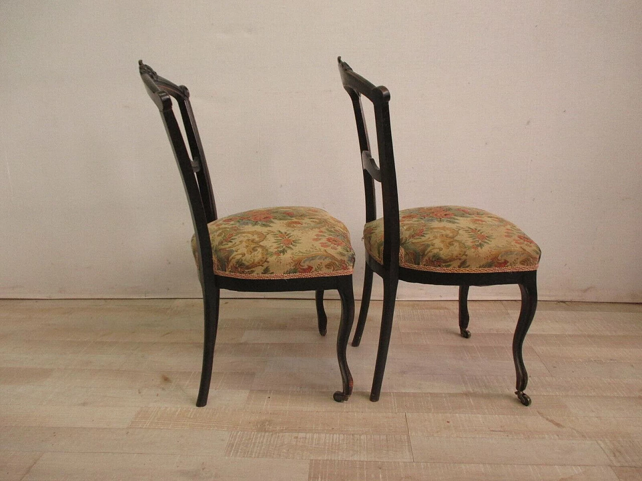 Pair of Umbertine chairs with casters in ebonised solid walnut and Gobelin fabric, 19th century 7