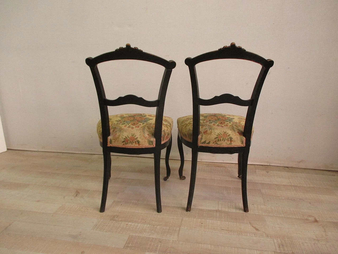 Pair of Umbertine chairs with casters in ebonised solid walnut and Gobelin fabric, 19th century 8