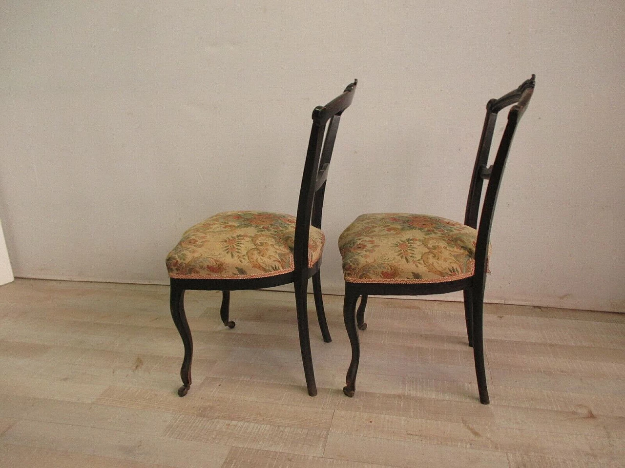 Pair of Umbertine chairs with casters in ebonised solid walnut and Gobelin fabric, 19th century 9