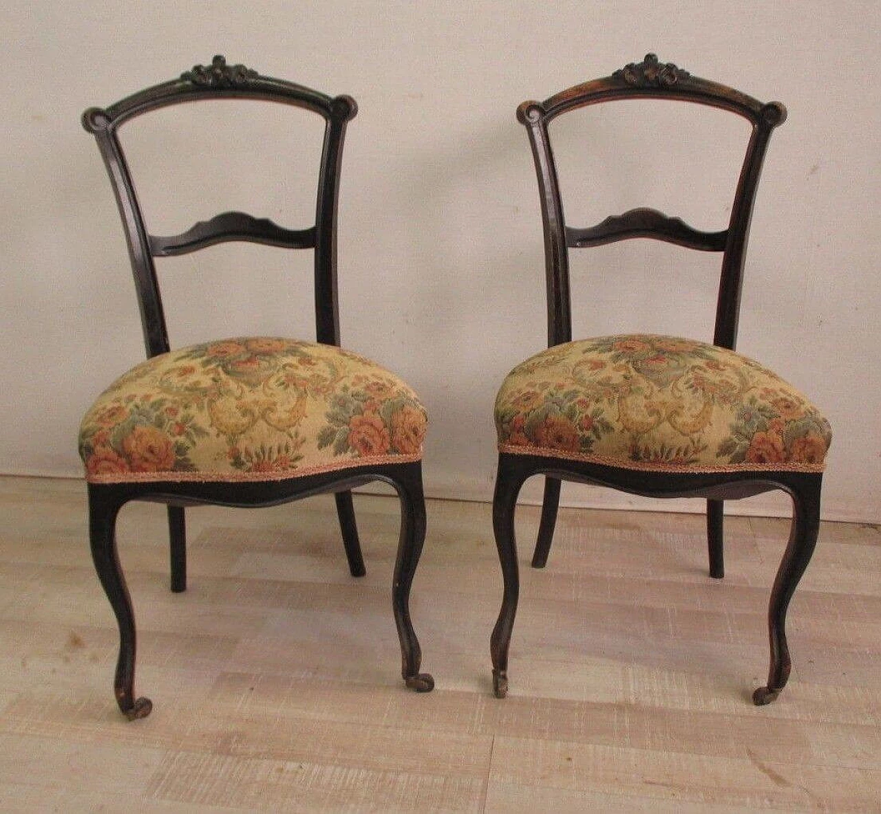 Pair of Umbertine chairs with casters in ebonised solid walnut and Gobelin fabric, 19th century 11