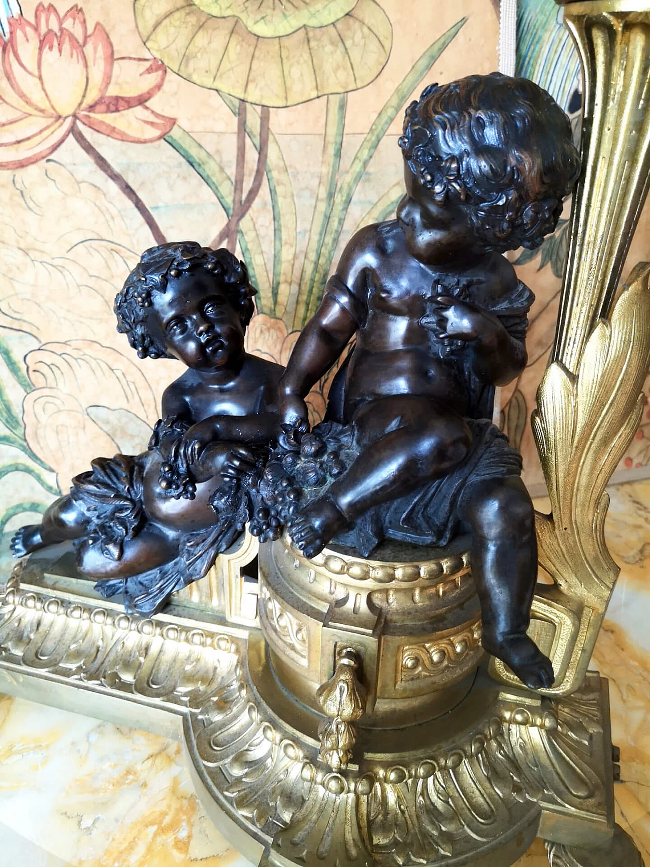 Alare da camino in bronzo dorato con putti, '800 6