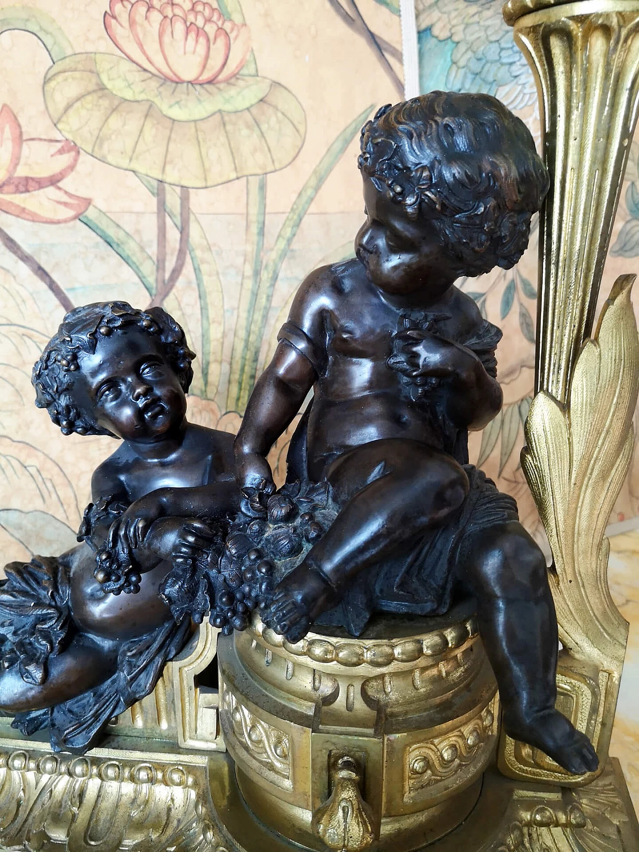 Alare da camino in bronzo dorato con putti, '800 8