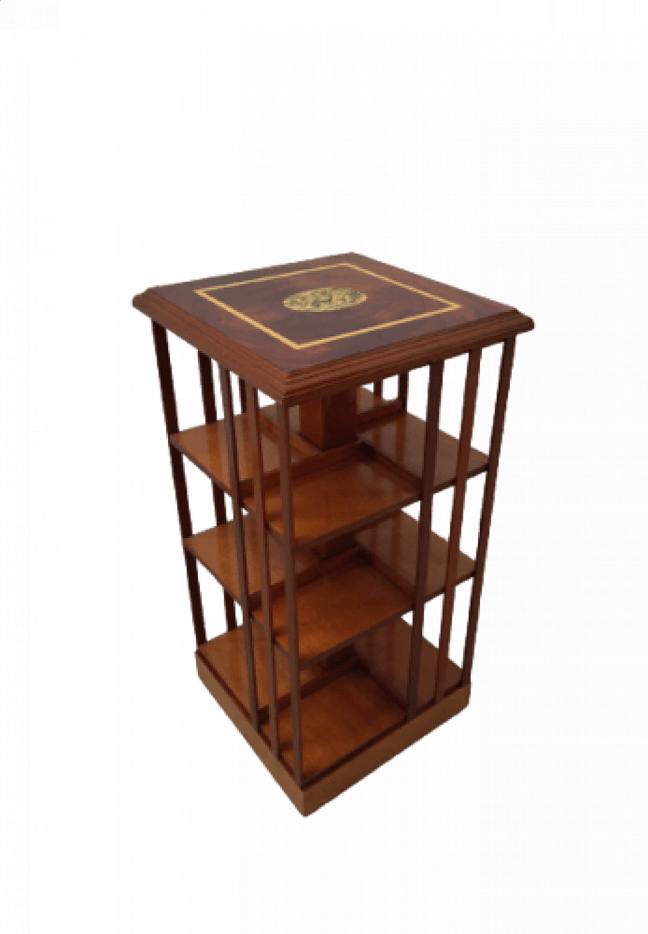 Swivel bookcase with casters in inlaid mahogany, 60s 1