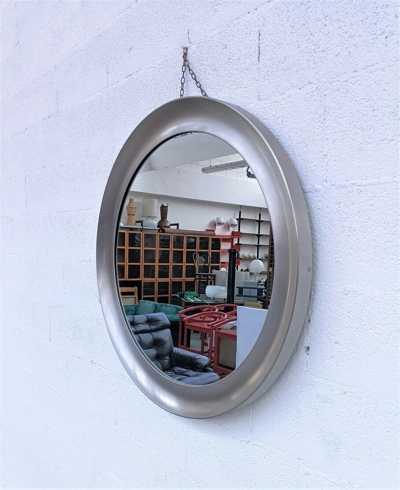 Narciso round wall mirror in nickeled brass and glass by Sergio Mazza for Artemide, 70s 1