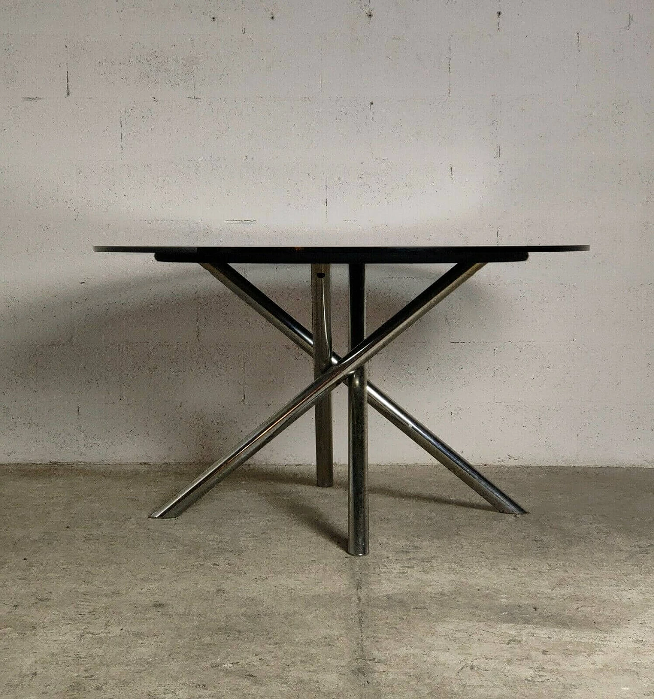 Tavolo rotondo Nodo in acciaio tubolare, legno e tessuto con piano in vetro di Carlo Bartoli per Tisettanta, anni '70 1