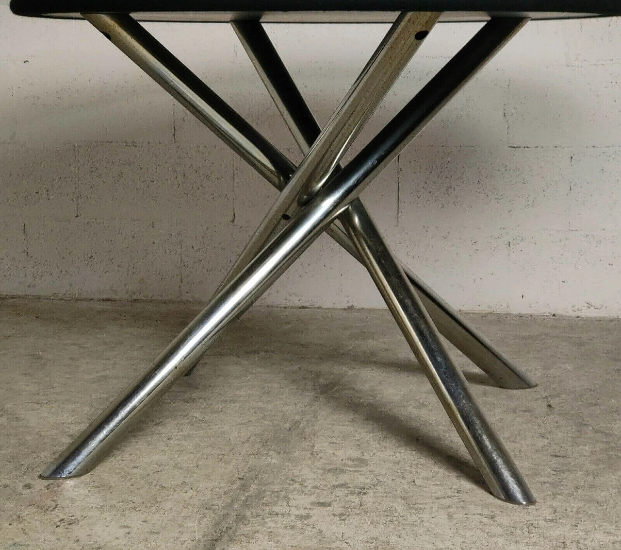 Tavolo rotondo Nodo in acciaio tubolare, legno e tessuto con piano in vetro di Carlo Bartoli per Tisettanta, anni '70 2