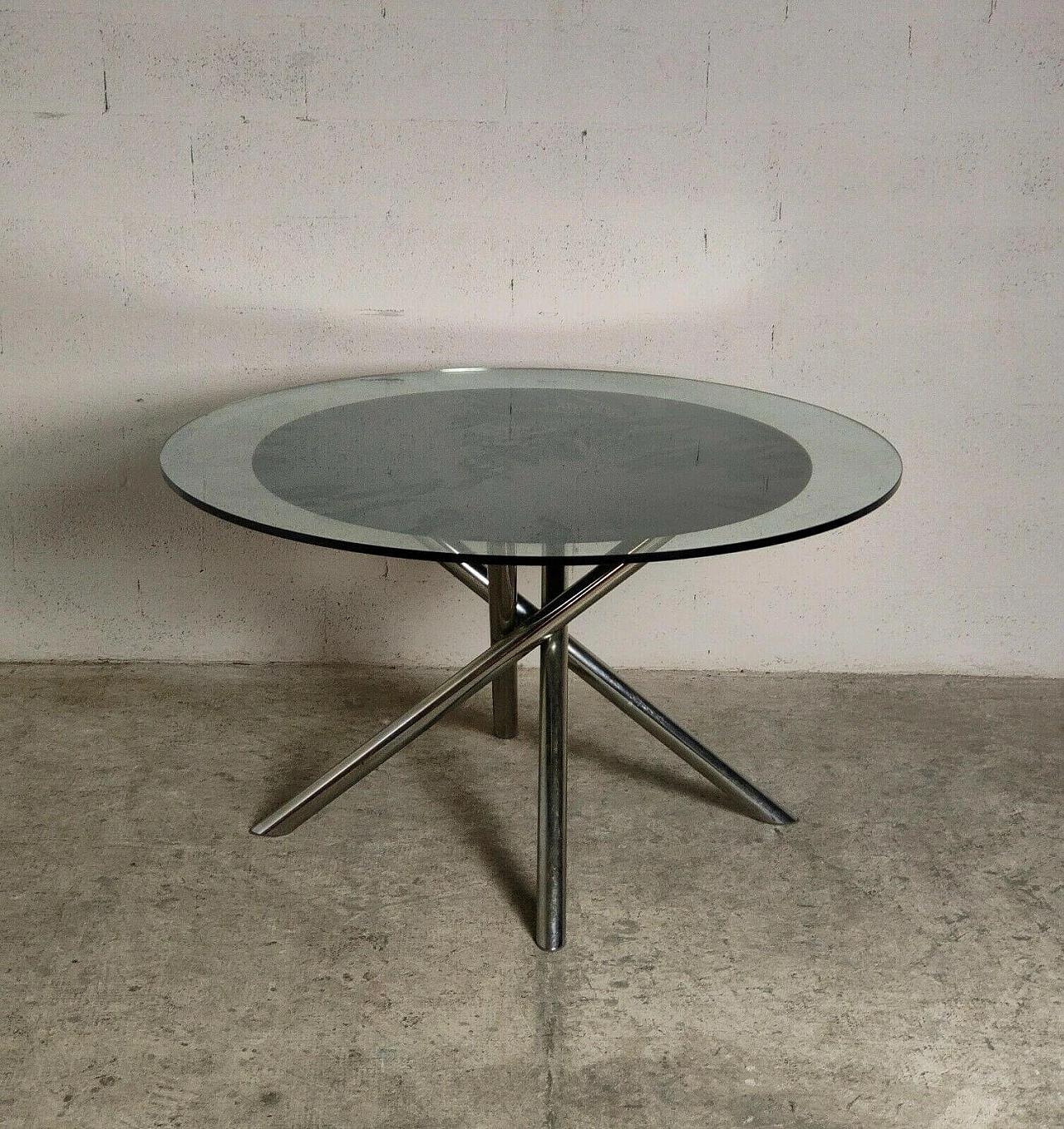 Tavolo rotondo Nodo in acciaio tubolare, legno e tessuto con piano in vetro di Carlo Bartoli per Tisettanta, anni '70 3