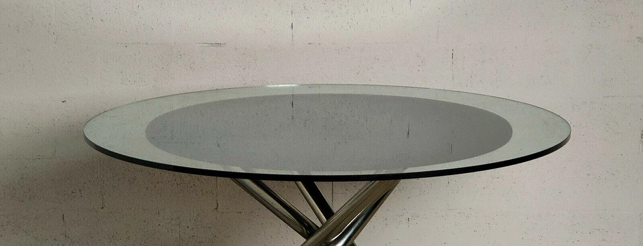 Tavolo rotondo Nodo in acciaio tubolare, legno e tessuto con piano in vetro di Carlo Bartoli per Tisettanta, anni '70 4