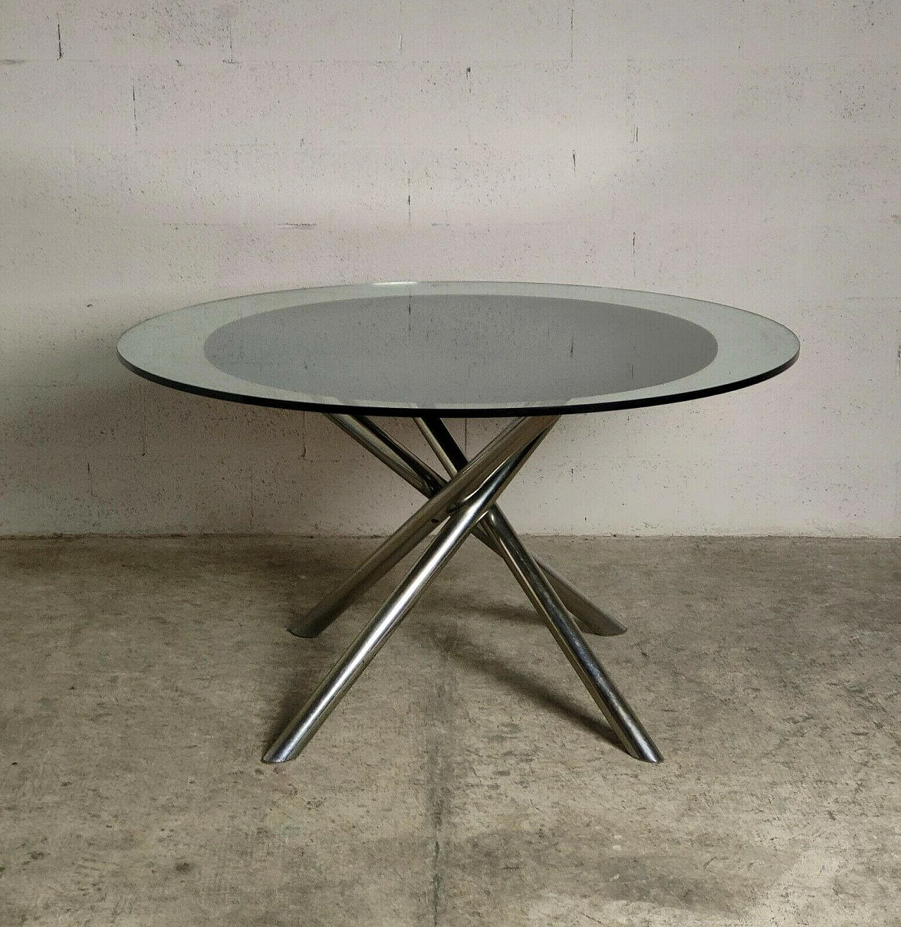 Tavolo rotondo Nodo in acciaio tubolare, legno e tessuto con piano in vetro di Carlo Bartoli per Tisettanta, anni '70 5