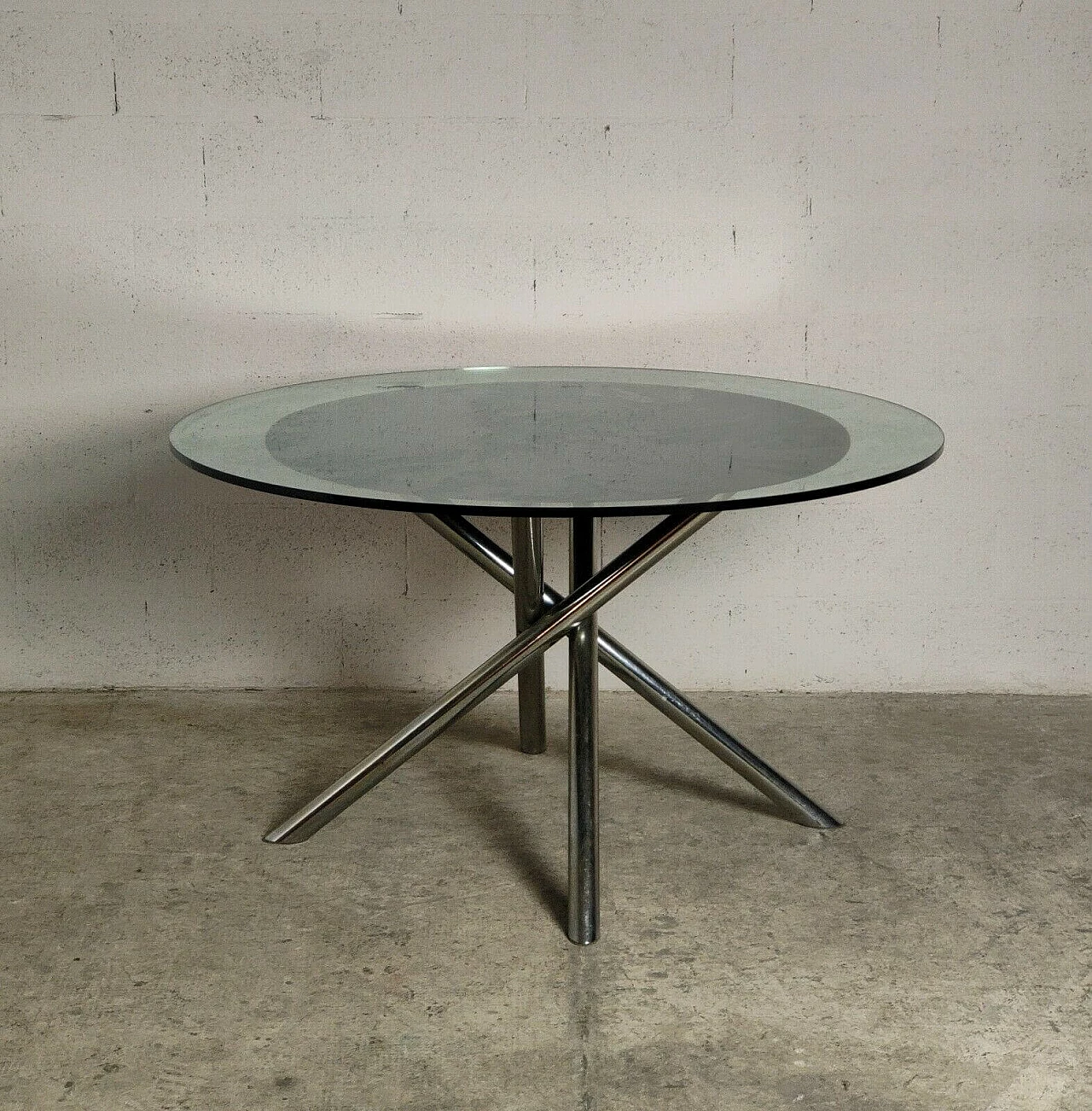 Tavolo rotondo Nodo in acciaio tubolare, legno e tessuto con piano in vetro di Carlo Bartoli per Tisettanta, anni '70 6