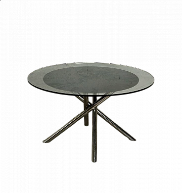 Tavolo rotondo Nodo in acciaio tubolare, legno e tessuto con piano in vetro di Carlo Bartoli per Tisettanta, anni '70