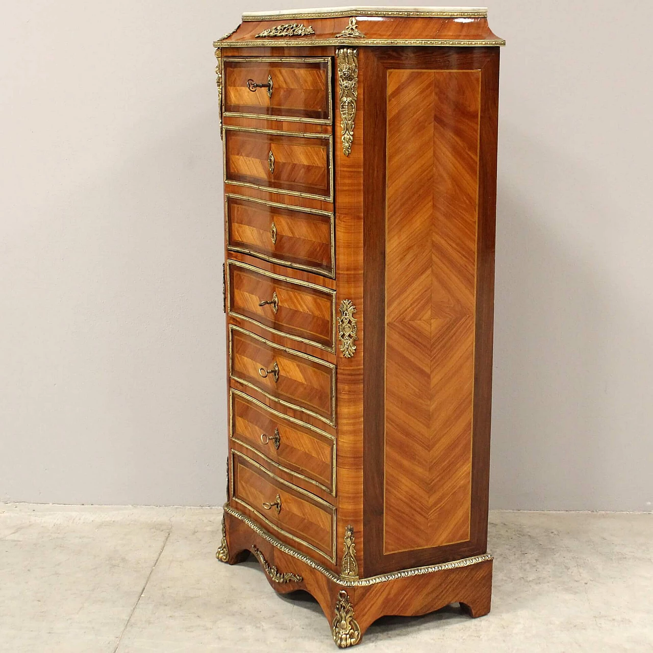 Napoleon III secretaire in bois de rose, rosewood inlay and gilded bronze with marble top, 19th century 1