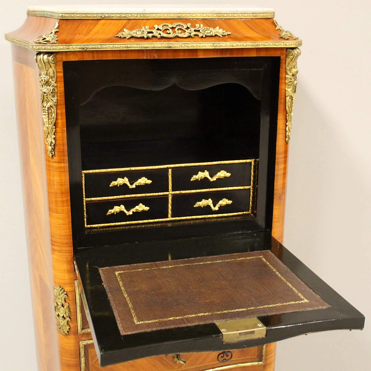 Napoleon III secretaire in bois de rose, rosewood inlay and gilded bronze with marble top, 19th century 2