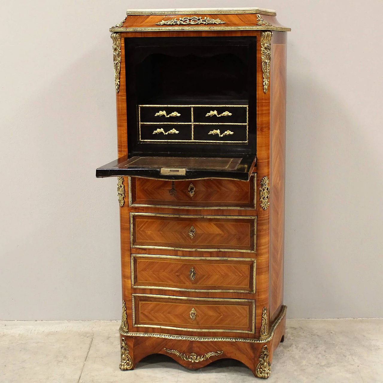 Napoleon III secretaire in bois de rose, rosewood inlay and gilded bronze with marble top, 19th century 5