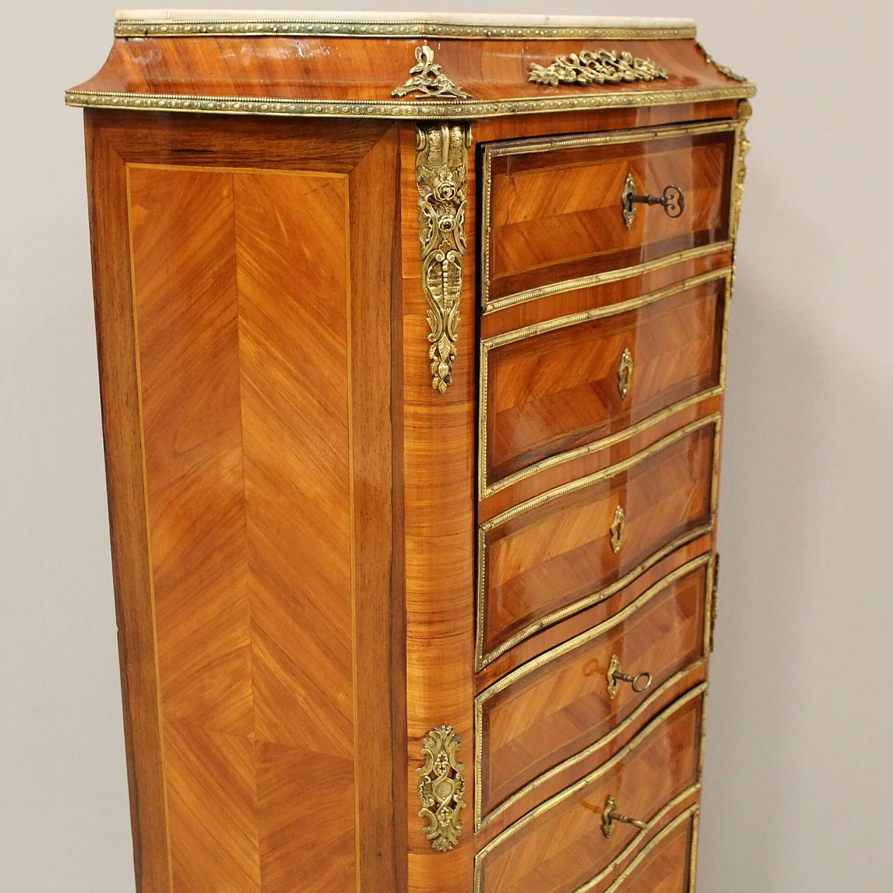 Napoleon III secretaire in bois de rose, rosewood inlay and gilded bronze with marble top, 19th century 6