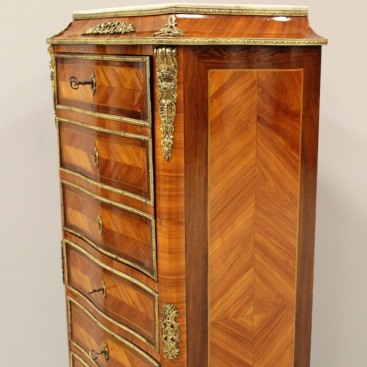 Napoleon III secretaire in bois de rose, rosewood inlay and gilded bronze with marble top, 19th century 8