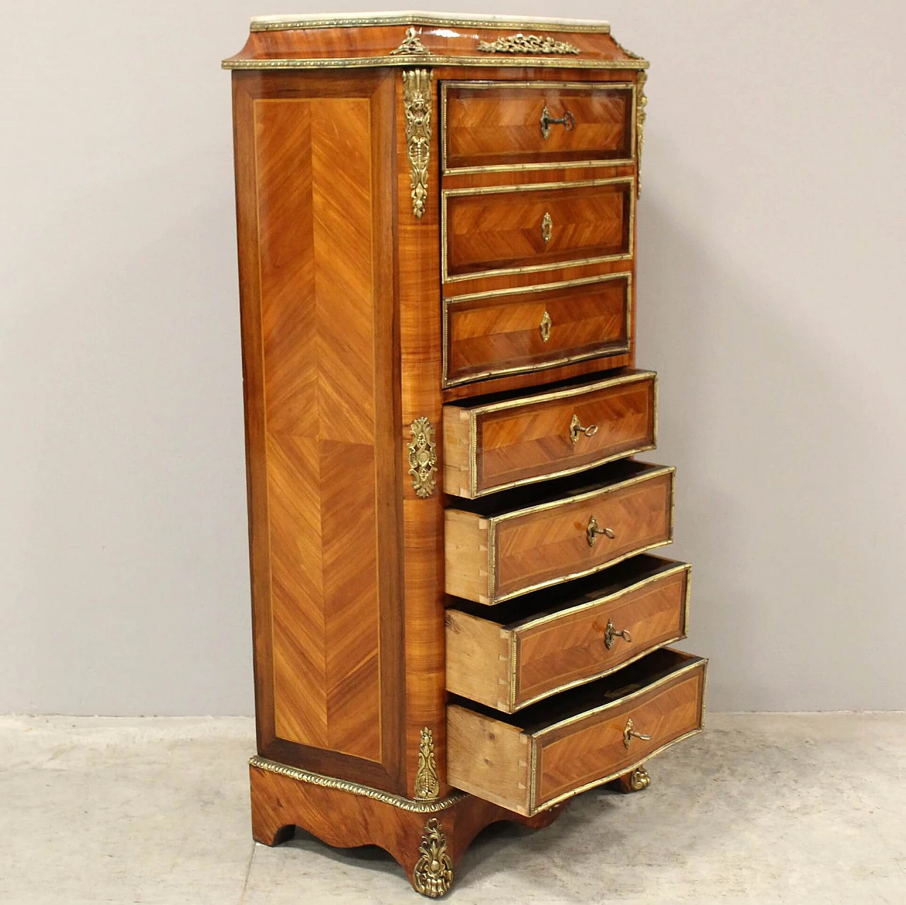Napoleon III secretaire in bois de rose, rosewood inlay and gilded bronze with marble top, 19th century 10