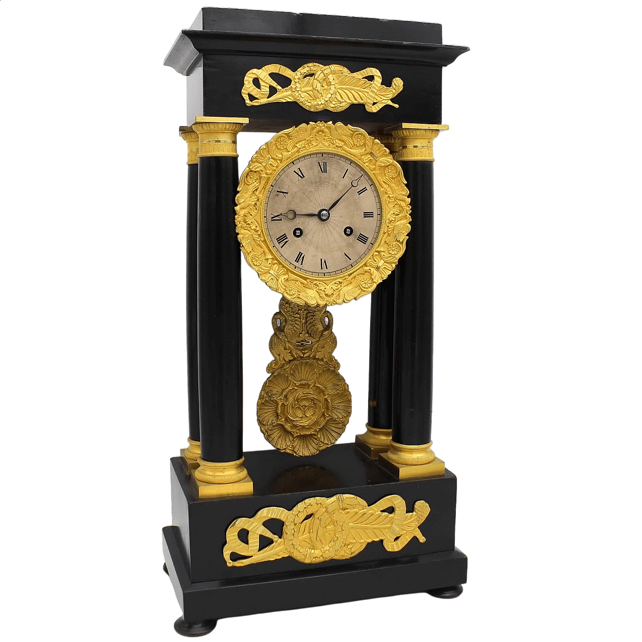 Empire pendulum clock in ebonised wood and gilded bronze, 19th century 10