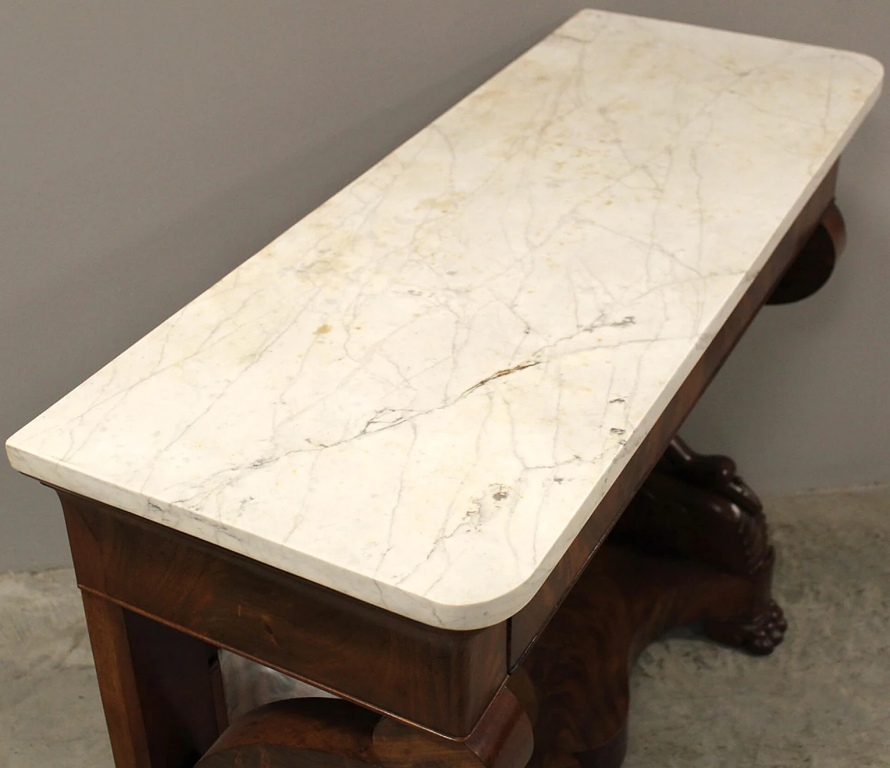 Console Carlo X in mogano con piano in marmo bianco di Carrara e specchio, '800 1