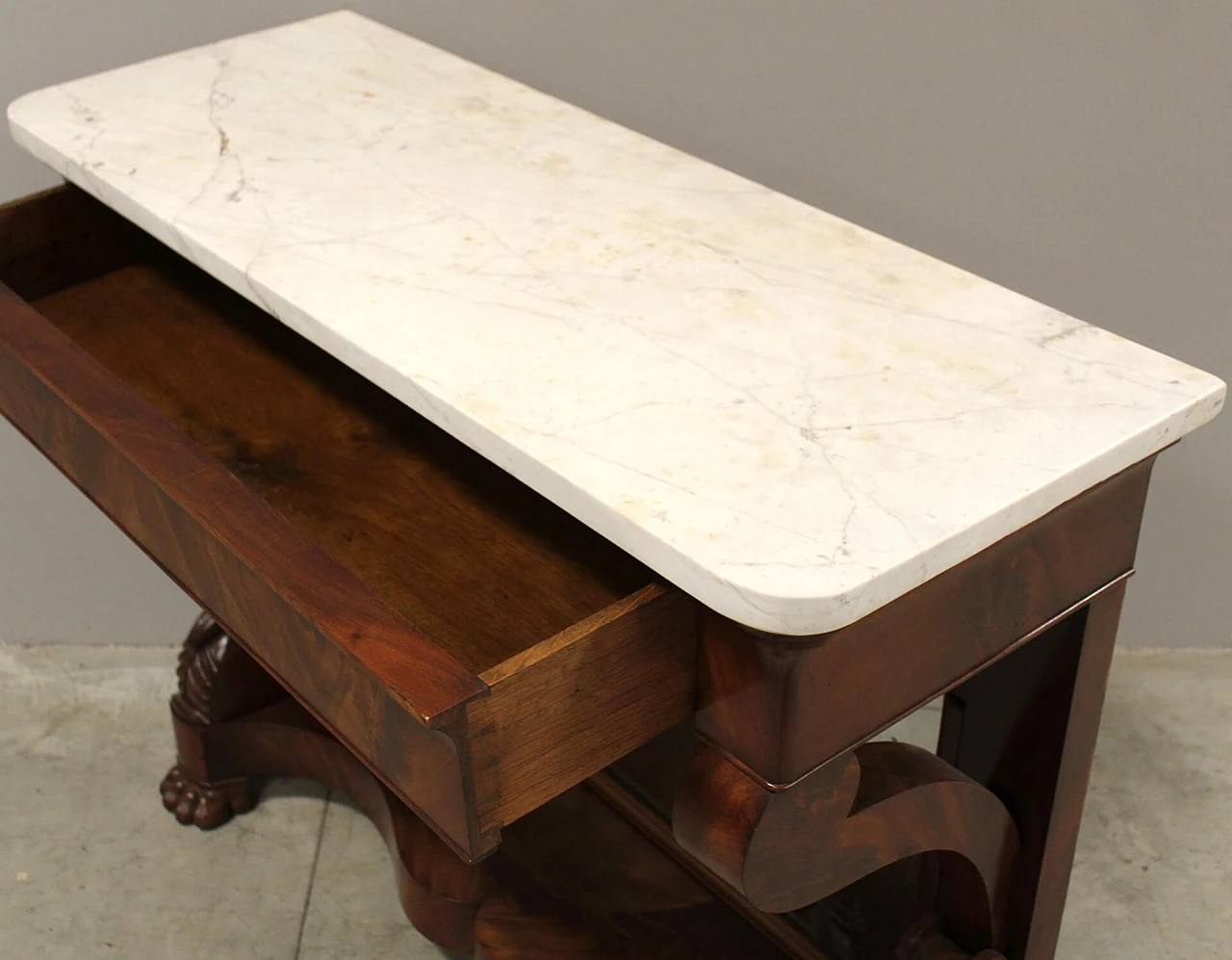 Charles X console in mahogany with white Carrara marble top and mirror, 19th century 2