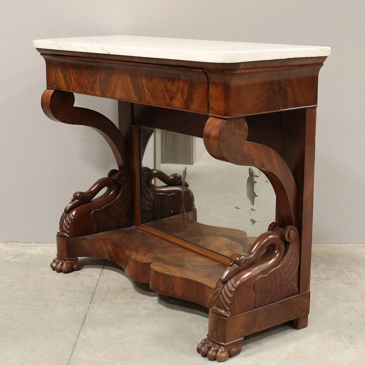 Charles X console in mahogany with white Carrara marble top and mirror, 19th century 4