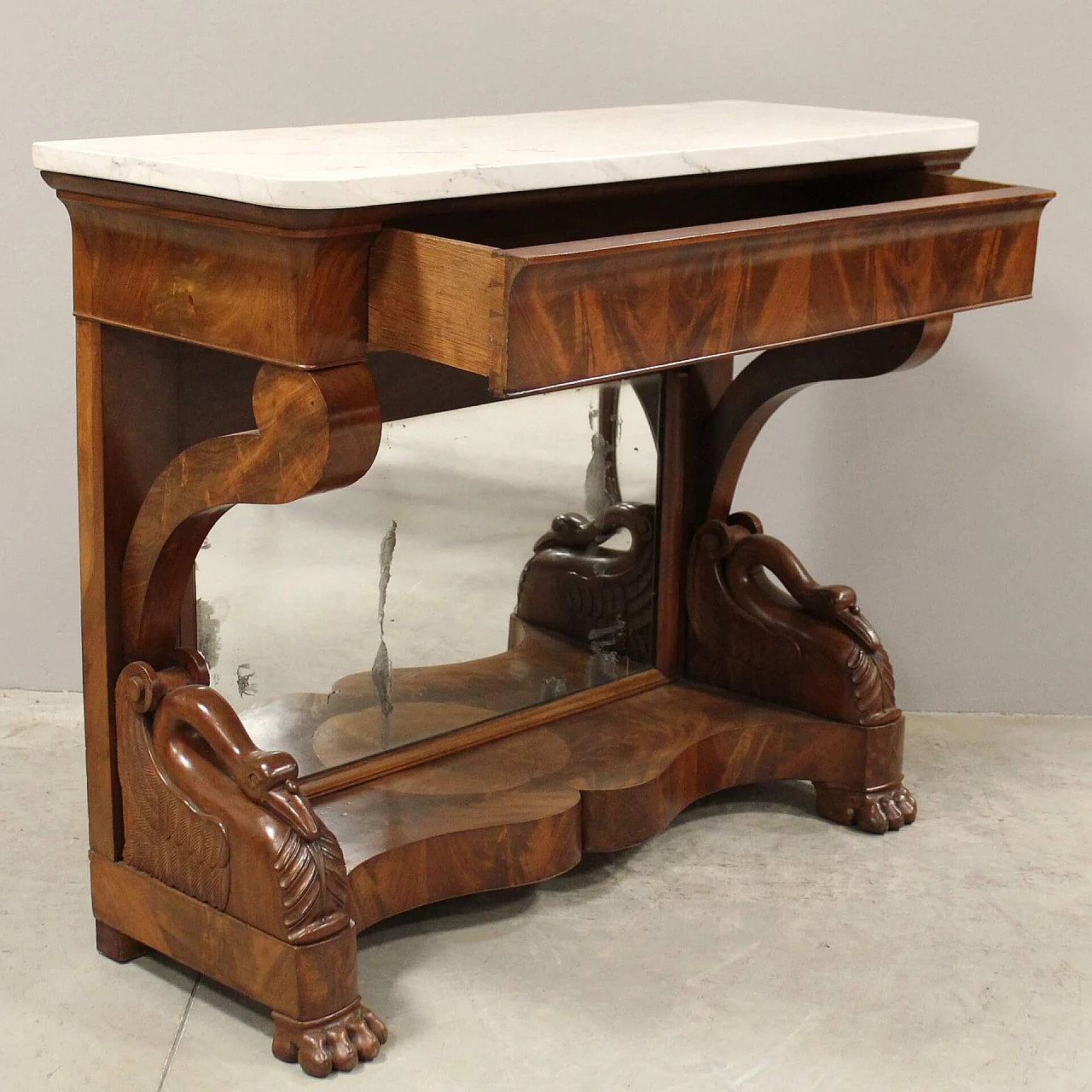 Charles X console in mahogany with white Carrara marble top and mirror, 19th century 5