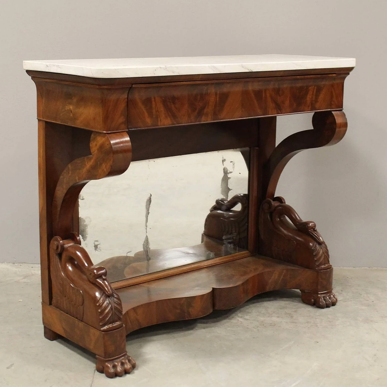 Charles X console in mahogany with white Carrara marble top and mirror, 19th century 6