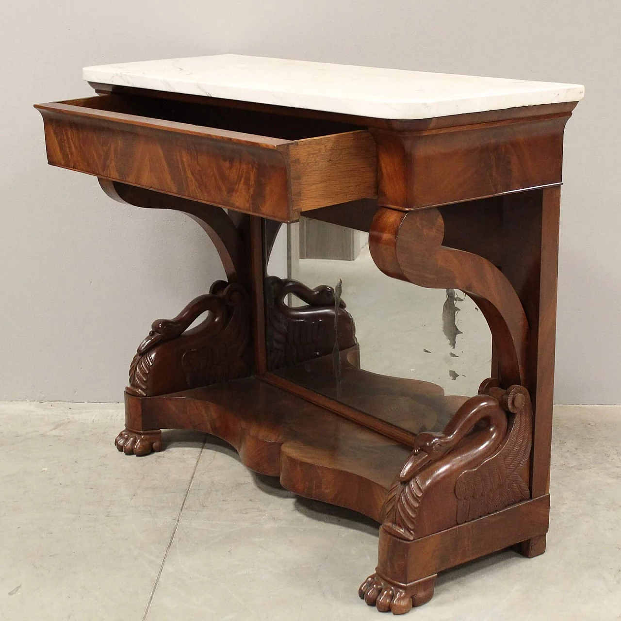 Charles X console in mahogany with white Carrara marble top and mirror, 19th century 7