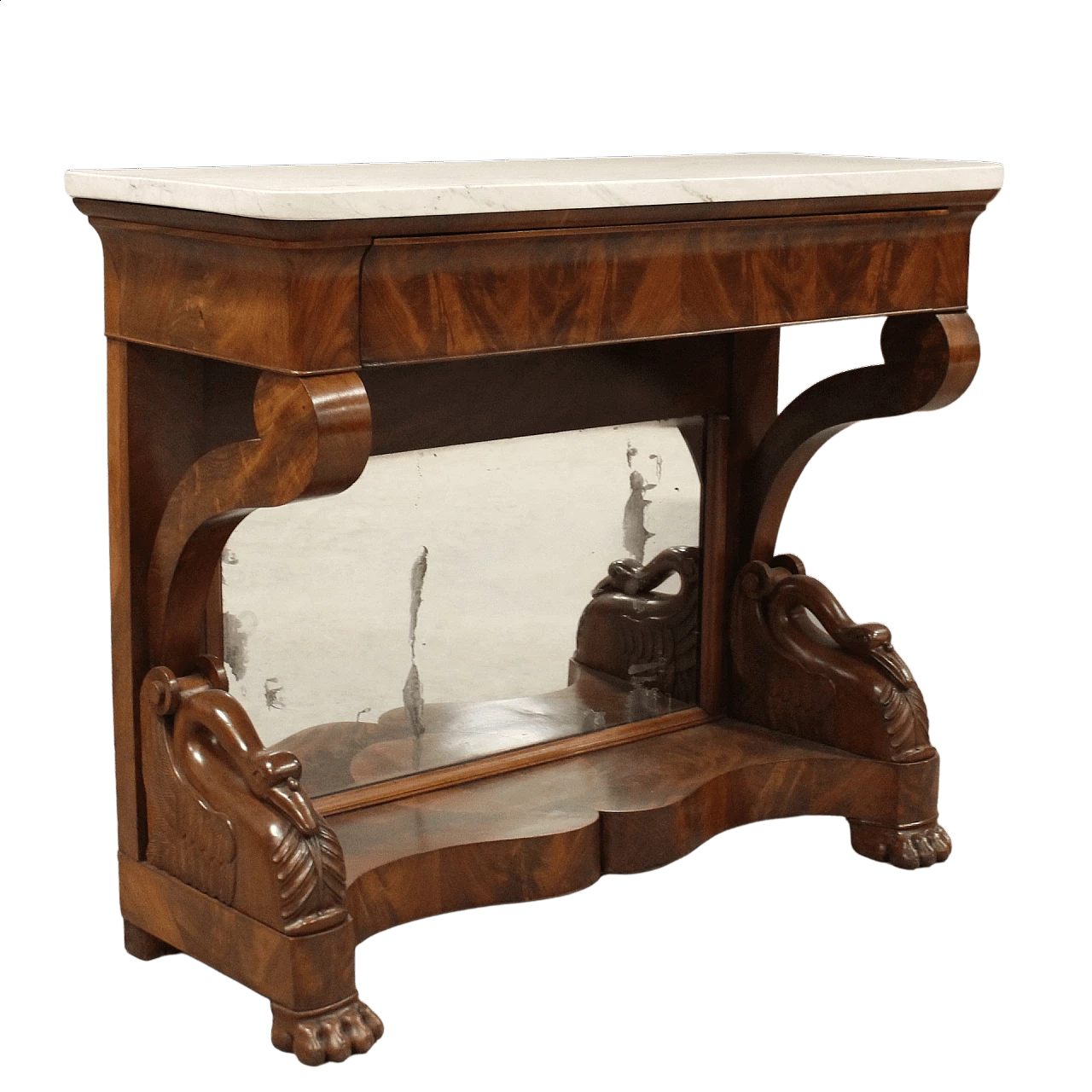 Charles X console in mahogany with white Carrara marble top and mirror, 19th century 10