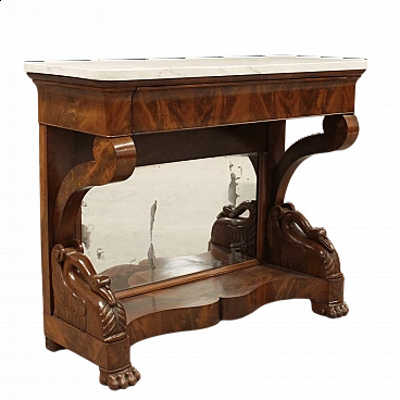 Console Carlo X in mogano con piano in marmo bianco di Carrara e specchio, '800