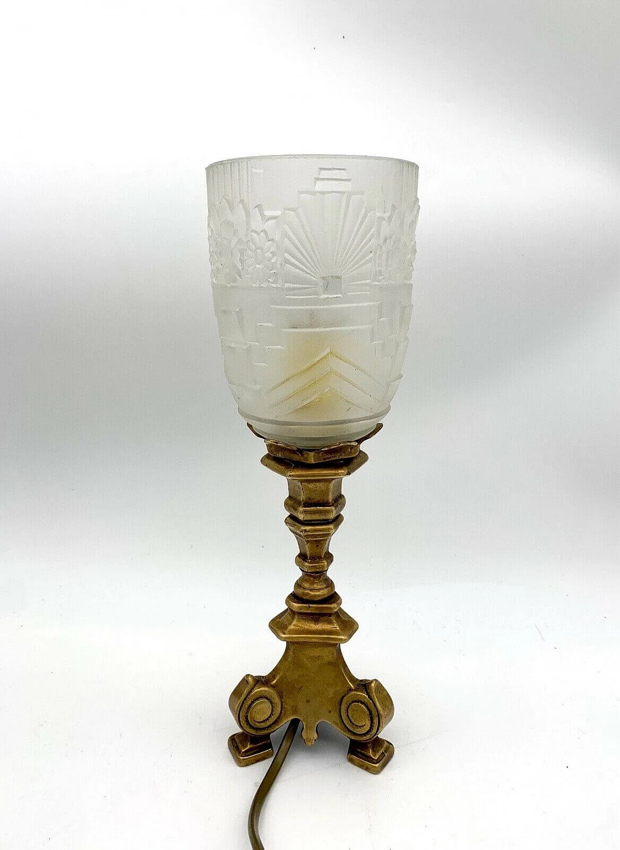 Pair of table lamps in ground glass and bronze, 40s 2